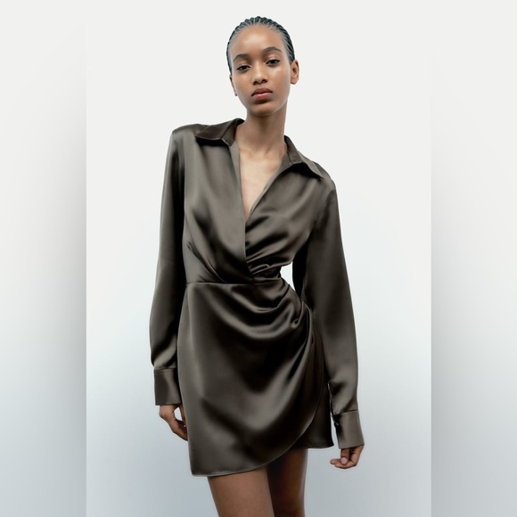 New With Tags Zara Dark Khaki Long Sleeve Cuffed Short Satin Effect Dress - Picture 1 of 13